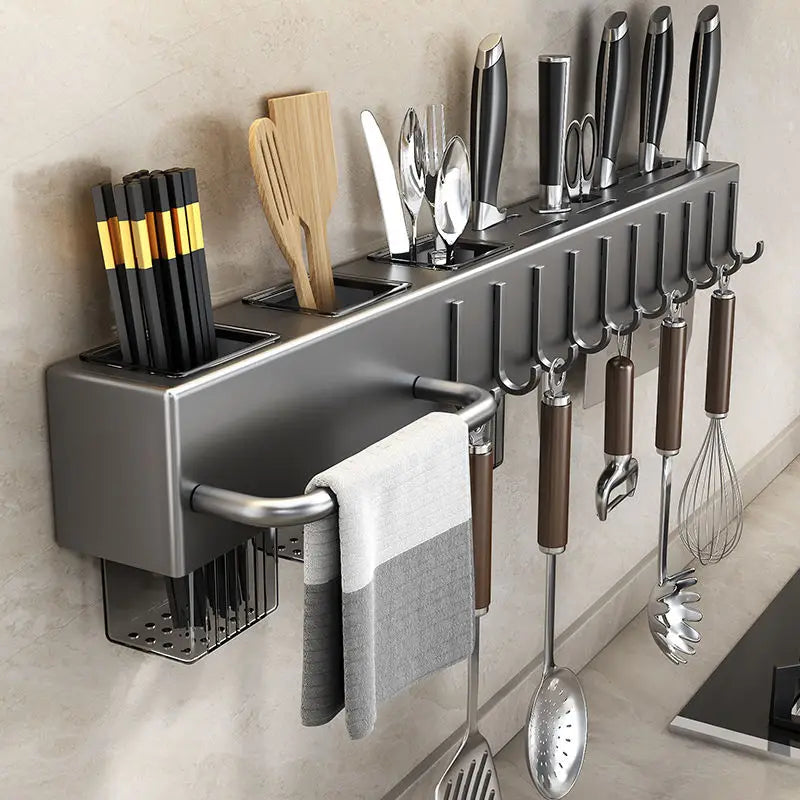 Wall-Mounted Kitchen Utensil Rack – No-Drill Knife, Chopstick & Tool Holder Shelf