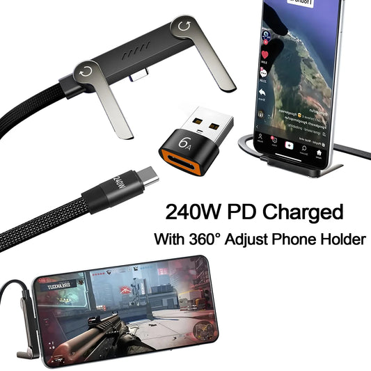 240W USB-C Fast Charging Cable with Built-In Phone Stand – Braided Right-Angle Cable