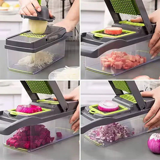 16-in-1 Vegetable Chopper with Container – Multi-Blade Onion Dicer, Slicer & Grater for Fast Food Prep