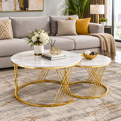 Luxury Marble-Look Nesting Coffee Tables – Gold Finish