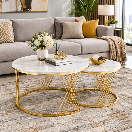 Luxury Marble-Look Nesting Coffee Tables – Gold Finish