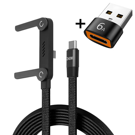 240W USB-C Fast Charging Cable with Built-In Phone Stand – Braided Right-Angle Cable