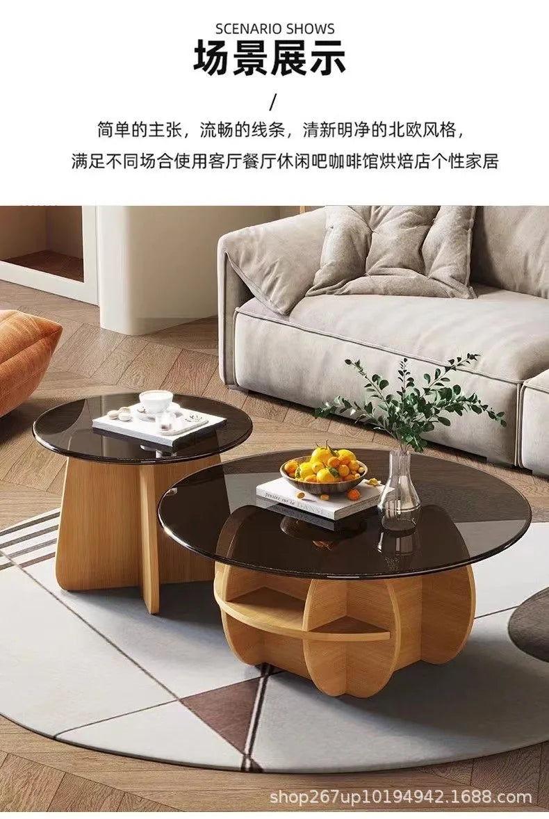 Simple tempered glass coffee table light luxury living room creative home small apartment round small coffee table combination