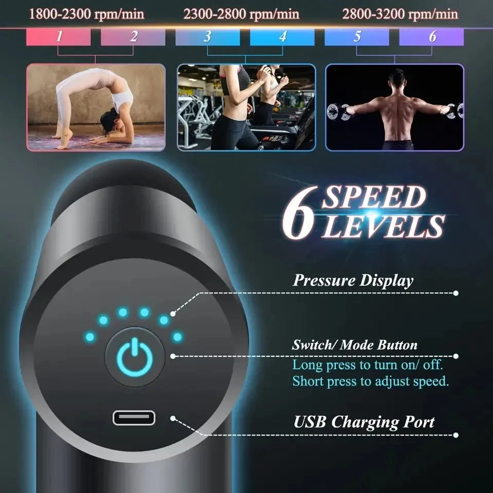 Portable Electric Massage Gun – Handheld Muscle Massager with 4 Massage Heads