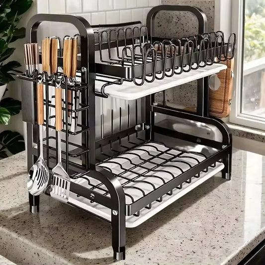 3-Tier Dish Drying Rack – Large Anti-Rust Kitchen Dish Organizer with Drainer & Utensil Holder (Black)