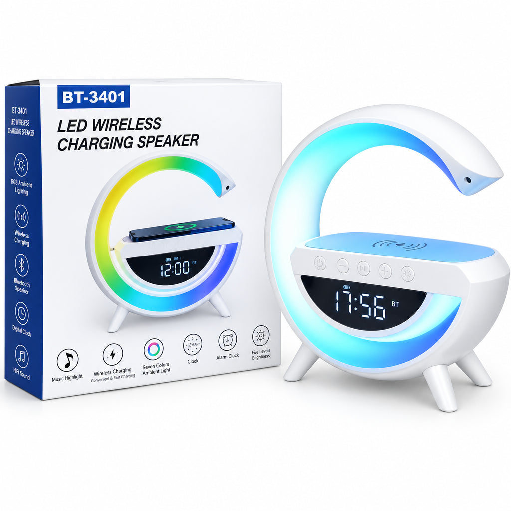 4-in-1 Bluetooth Speaker with Wireless Charger, Digital Clock & LED Ambient Light – BT-3401 Bedside Lamp