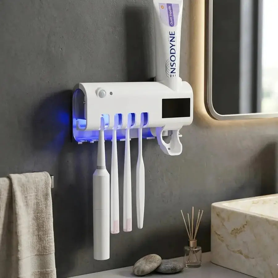 Automatic Toothbrush Sterilizer & Toothpaste Dispenser -4 Slot Wall- Mounted Holder