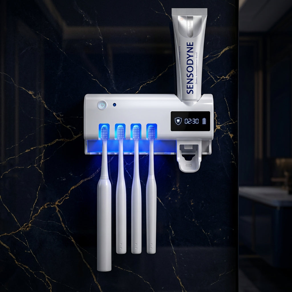 Automatic Toothbrush Sterilizer & Toothpaste Dispenser -4 Slot Wall- Mounted Holder