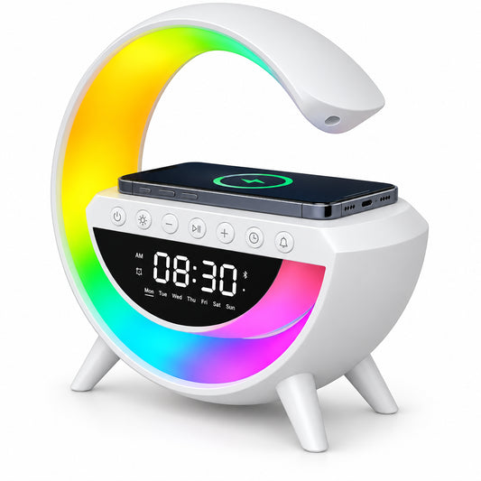 4-in-1 Bluetooth Speaker with Wireless Charger, Digital Clock & LED Ambient Light – BT-3401 Bedside Lamp