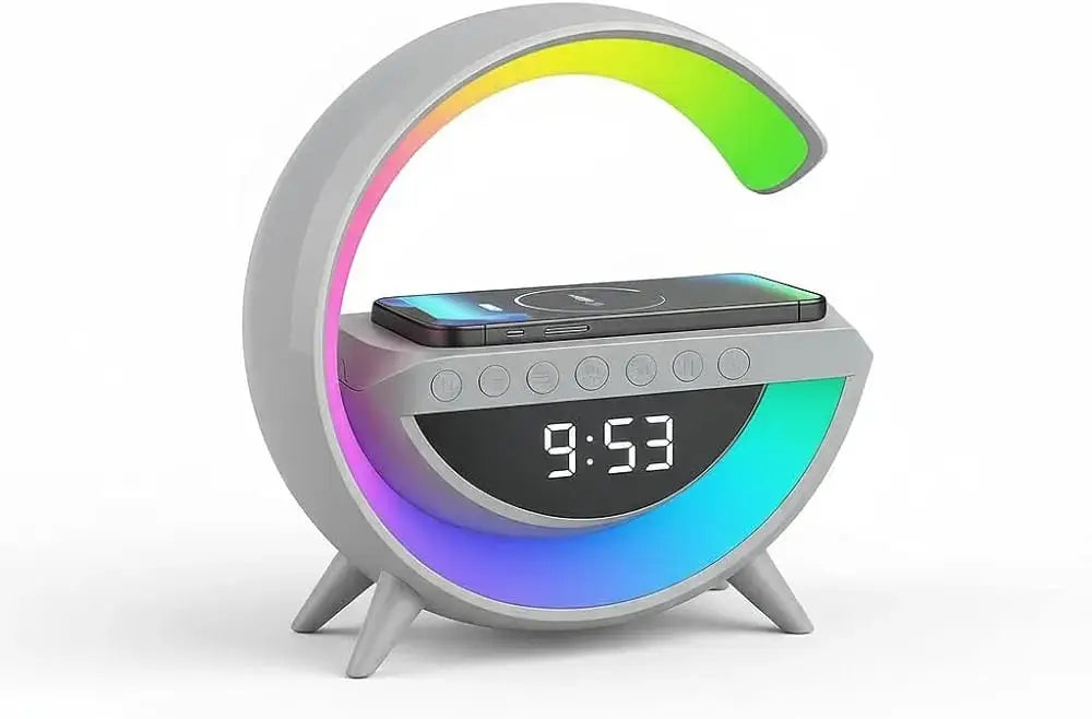 4-in-1 Bluetooth Speaker with Wireless Charger, Digital Clock & LED Ambient Light – BT-3401 Bedside Lamp