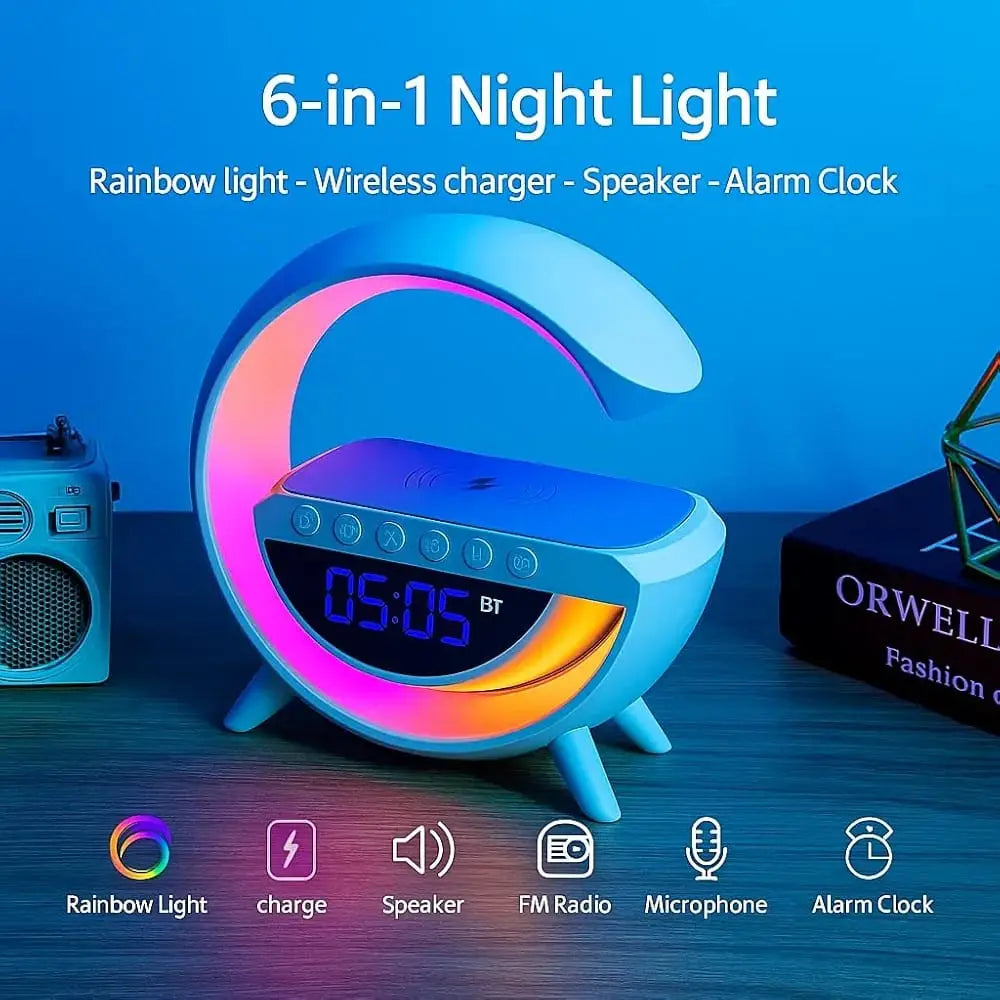 4-in-1 Bluetooth Speaker with Wireless Charger, Digital Clock & LED Ambient Light – BT-3401 Bedside Lamp