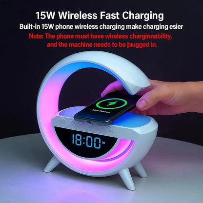 4-in-1 Bluetooth Speaker with Wireless Charger, Digital Clock & LED Ambient Light – BT-3401 Bedside Lamp