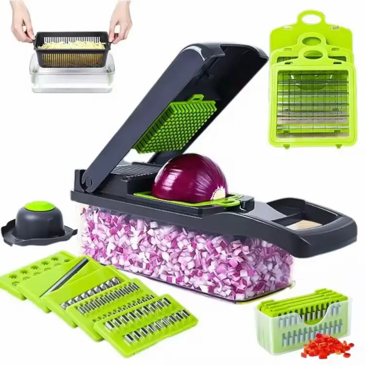 16-in-1 Vegetable Chopper with Container – Multi-Blade Onion Dicer, Slicer & Grater for Fast Food Prep