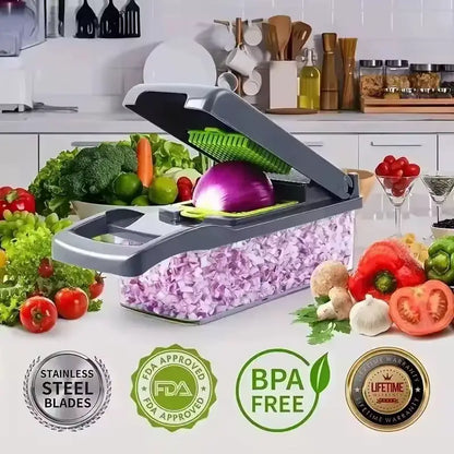16-in-1 Vegetable Chopper with Container – Multi-Blade Onion Dicer, Slicer & Grater for Fast Food Prep