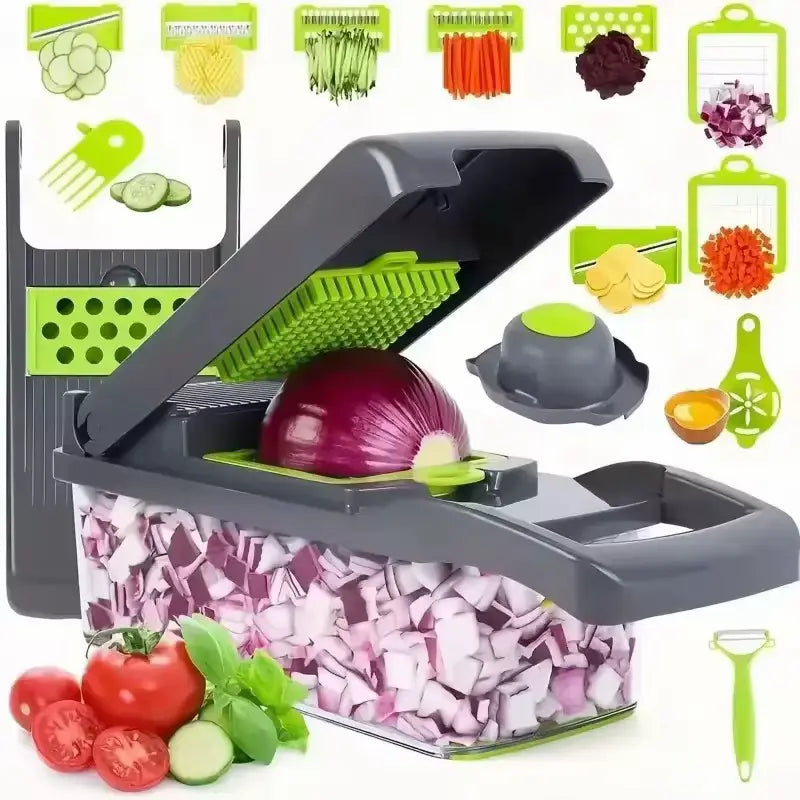 16-in-1 Vegetable Chopper with Container – Multi-Blade Onion Dicer, Slicer & Grater for Fast Food Prep
