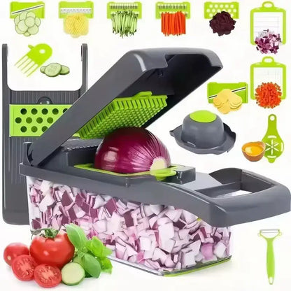 16-in-1 Vegetable Chopper with Container – Multi-Blade Onion Dicer, Slicer & Grater for Fast Food Prep