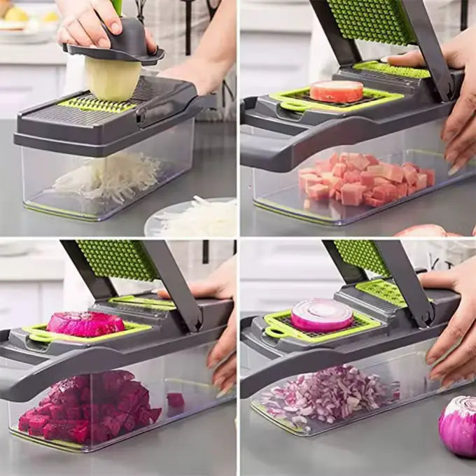 16-in-1 Vegetable Chopper with Container – Multi-Blade Onion Dicer, Slicer & Grater for Fast Food Prep