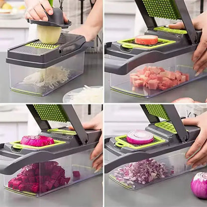 16-in-1 Vegetable Chopper with Container – Multi-Blade Onion Dicer, Slicer & Grater for Fast Food Prep